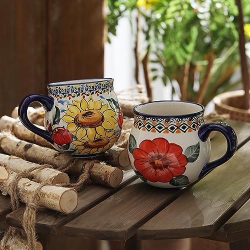 ALMA 12oz Handpainted Red Flower Mug, Great Ceramic Mug For Festival Decor, Microwavable Coffee Mug(Red Passion,Medium)