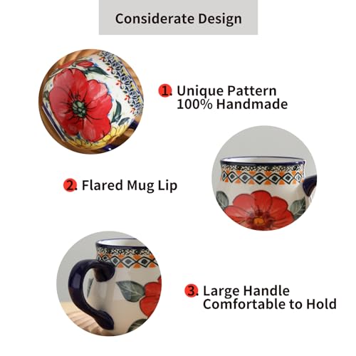 ALMA 12oz Handpainted Red Flower Mug, Great Ceramic Mug For Festival Decor, Microwavable Coffee Mug(Red Passion,Medium)