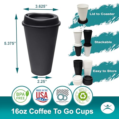 Rolling Sands USA Made 16 oz Reusable Coffee Cups with Lids 6 Pk, To Go Travel Cups, Hot or Cold Drinks, Dishwasher and Microwave Safe, Black