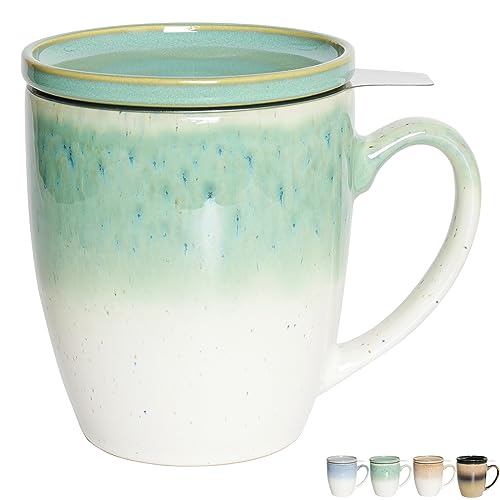 Bosmarlin Ceramic Tea Cup with Infuser and Lid, 16 Oz, 4 Color to Choose Dishwasher and Microwave Safe, Gradient Color Glaze, Steeping Tea Mug with Strainer (Green)