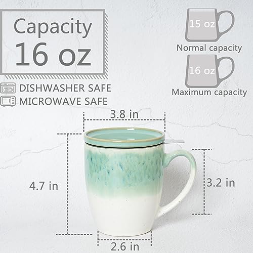 Bosmarlin Ceramic Tea Cup with Infuser and Lid, 16 Oz, 4 Color to Choose Dishwasher and Microwave Safe, Gradient Color Glaze, Steeping Tea Mug with Strainer (Green)
