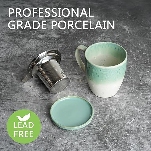 Bosmarlin Ceramic Tea Cup with Infuser and Lid, 16 Oz, 4 Color to Choose Dishwasher and Microwave Safe, Gradient Color Glaze, Steeping Tea Mug with Strainer (Green)