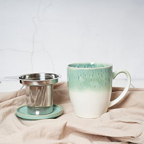 Bosmarlin Ceramic Tea Cup with Infuser and Lid, 16 Oz, 4 Color to Choose Dishwasher and Microwave Safe, Gradient Color Glaze, Steeping Tea Mug with Strainer (Green)