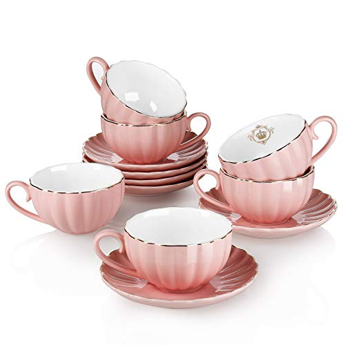 Amazingware Royal Tea Cups and Saucers, with Gold Trim and Gift Box, British Coffee Cups, Tea Cup Set, Porcelain Tea Set, Cappuccino Cups, Latte Cups, Set of 6 (8 oz)- Pink