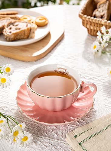 Amazingware Royal Tea Cups and Saucers, with Gold Trim and Gift Box, British Coffee Cups, Tea Cup Set, Porcelain Tea Set, Cappuccino Cups, Latte Cups, Set of 6 (8 oz)- Pink