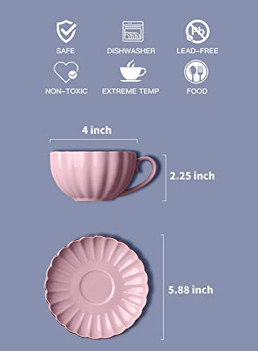 Amazingware Royal Tea Cups and Saucers, with Gold Trim and Gift Box, British Coffee Cups, Tea Cup Set, Porcelain Tea Set, Cappuccino Cups, Latte Cups, Set of 6 (8 oz)- Pink