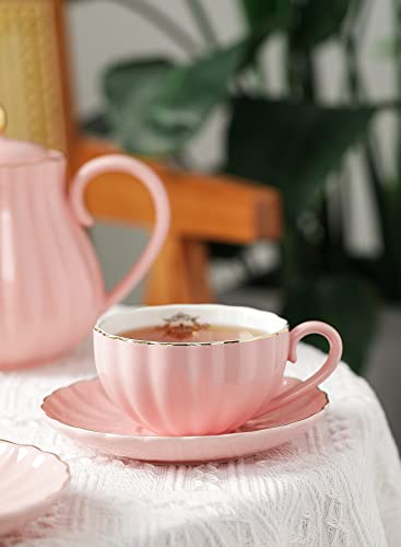Amazingware Royal Tea Cups and Saucers, with Gold Trim and Gift Box, British Coffee Cups, Tea Cup Set, Porcelain Tea Set, Cappuccino Cups, Latte Cups, Set of 6 (8 oz)- Pink