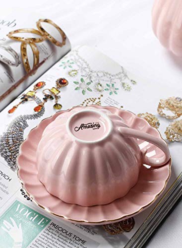 Amazingware Royal Tea Cups and Saucers, with Gold Trim and Gift Box, British Coffee Cups, Tea Cup Set, Porcelain Tea Set, Cappuccino Cups, Latte Cups, Set of 6 (8 oz)- Pink