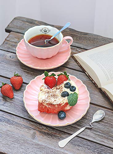 Amazingware Royal Tea Cups and Saucers, with Gold Trim and Gift Box, British Coffee Cups, Tea Cup Set, Porcelain Tea Set, Cappuccino Cups, Latte Cups, Set of 6 (8 oz)- Pink
