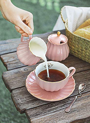 Amazingware Royal Tea Cups and Saucers, with Gold Trim and Gift Box, British Coffee Cups, Tea Cup Set, Porcelain Tea Set, Cappuccino Cups, Latte Cups, Set of 6 (8 oz)- Pink