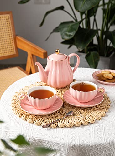 Amazingware Royal Tea Cups and Saucers, with Gold Trim and Gift Box, British Coffee Cups, Tea Cup Set, Porcelain Tea Set, Cappuccino Cups, Latte Cups, Set of 6 (8 oz)- Pink