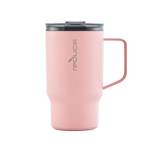 REDUCE 18 oz Travel Coffee/Tea Mug with Handle- Vacuum Insulated Stainless Steel Reusable Tumbler for Home, Office, Cupholder Friendly for Car, Splashproof Lid, Keeps Drink Hot for 8 hrs- Pink Salt