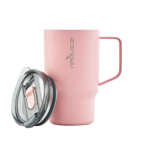 REDUCE 18 oz Travel Coffee/Tea Mug with Handle- Vacuum Insulated Stainless Steel Reusable Tumbler for Home, Office, Cupholder Friendly for Car, Splashproof Lid, Keeps Drink Hot for 8 hrs- Pink Salt