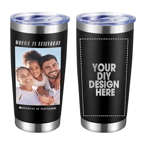 Personalized Custom Tumbler 20oz Stainless Steel Coffee Cup with Lid & Straw Double Wall Insulated Tumbler with Colorful Text Logo Photo