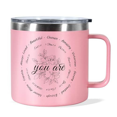 Christian Gifts for Women, 14oz Coffee Mug Inspirational Gifts Bible Verse Mug Insulated Stainless Steel Vacuum Tumbler with Flower Prints Appreciate Spiritual Presents for Female Friend Sister, Pink