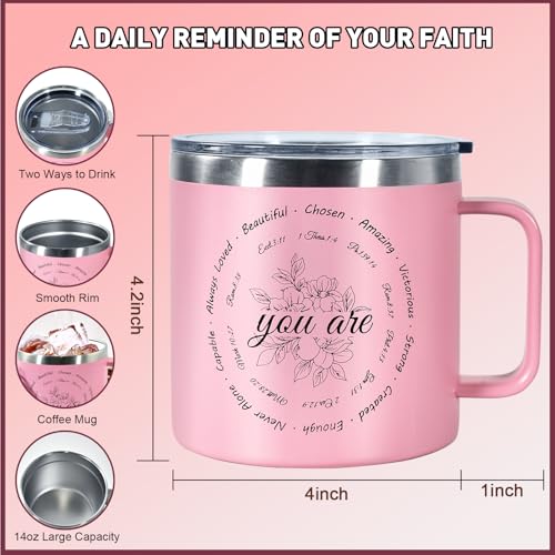 Christian Gifts for Women, 14oz Coffee Mug Inspirational Gifts Bible Verse Mug Insulated Stainless Steel Vacuum Tumbler with Flower Prints Appreciate Spiritual Presents for Female Friend Sister, Pink