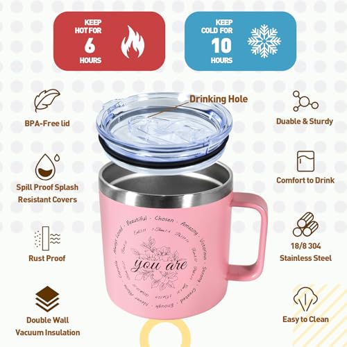 Christian Gifts for Women, 14oz Coffee Mug Inspirational Gifts Bible Verse Mug Insulated Stainless Steel Vacuum Tumbler with Flower Prints Appreciate Spiritual Presents for Female Friend Sister, Pink