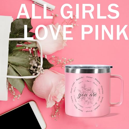 Christian Gifts for Women, 14oz Coffee Mug Inspirational Gifts Bible Verse Mug Insulated Stainless Steel Vacuum Tumbler with Flower Prints Appreciate Spiritual Presents for Female Friend Sister, Pink