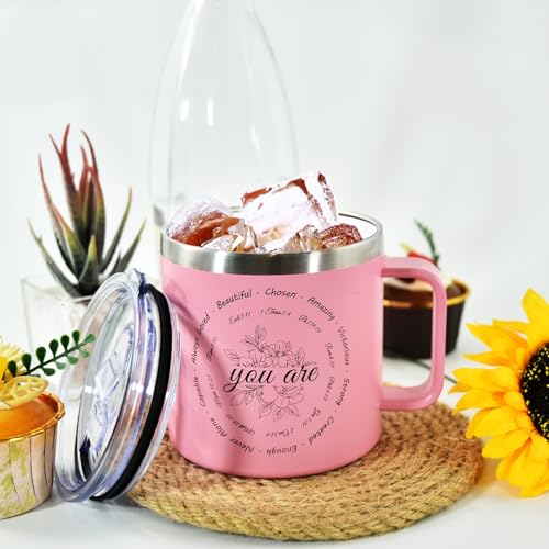 Christian Gifts for Women, 14oz Coffee Mug Inspirational Gifts Bible Verse Mug Insulated Stainless Steel Vacuum Tumbler with Flower Prints Appreciate Spiritual Presents for Female Friend Sister, Pink