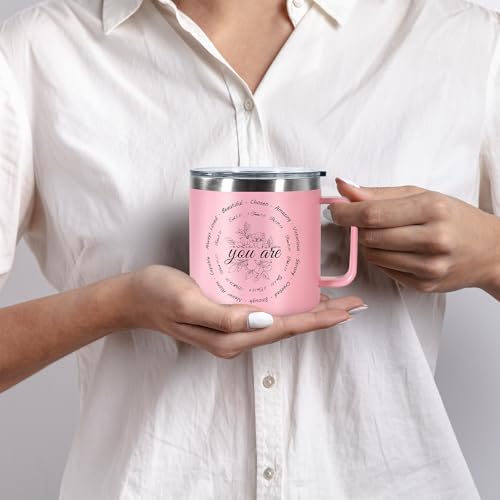 Christian Gifts for Women, 14oz Coffee Mug Inspirational Gifts Bible Verse Mug Insulated Stainless Steel Vacuum Tumbler with Flower Prints Appreciate Spiritual Presents for Female Friend Sister, Pink