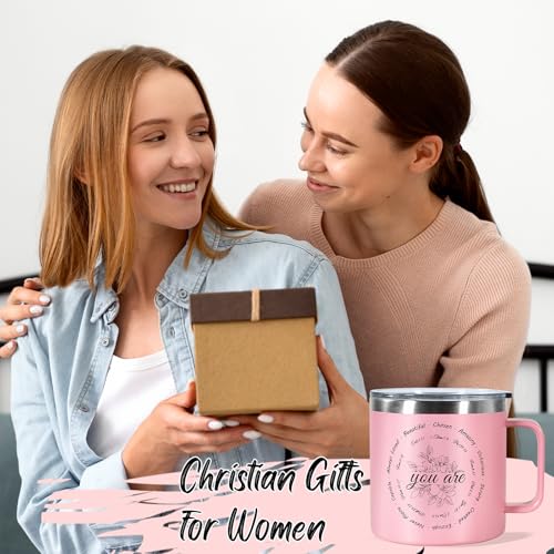 Christian Gifts for Women, 14oz Coffee Mug Inspirational Gifts Bible Verse Mug Insulated Stainless Steel Vacuum Tumbler with Flower Prints Appreciate Spiritual Presents for Female Friend Sister, Pink