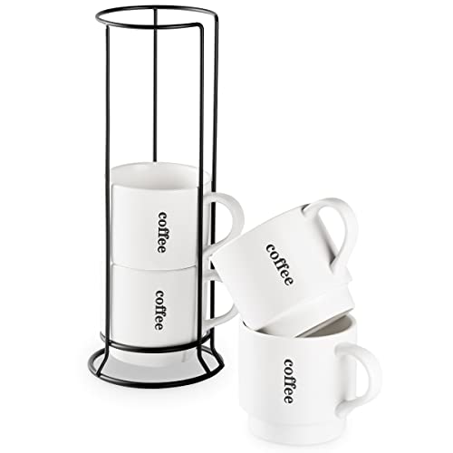 LAUCHUH Coffee Mugs Set of 4, 15 Ounce Stackable Coffee Mugs with Rack Latte Cup Porcelain Mugs for Coffee, Tea, Hot Cocoa, Milk, Dishwasher & Microwave Safe, Father's Day Gifts, White