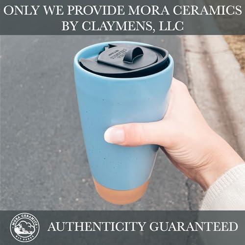 Mora Double Wall Ceramic Coffee Travel Mug with Lid, 14 oz, Portable, Microwave, Dishwasher Safe, Insulated Reusable Tall Cup, Splash Resistant Lid - To Go Tumbler for Car Cup Holder, Dusty Blue