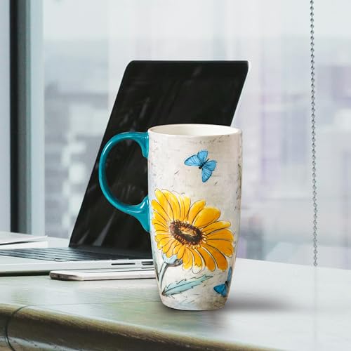 Topadorn Ceramic Travel Mug with Handle, Splash-Resistant Slider Lid, Suitable for Coffee and Tea, Microwave & Dishwasher Safe, 6.5" H Flowers and Butterflies Tea Mug