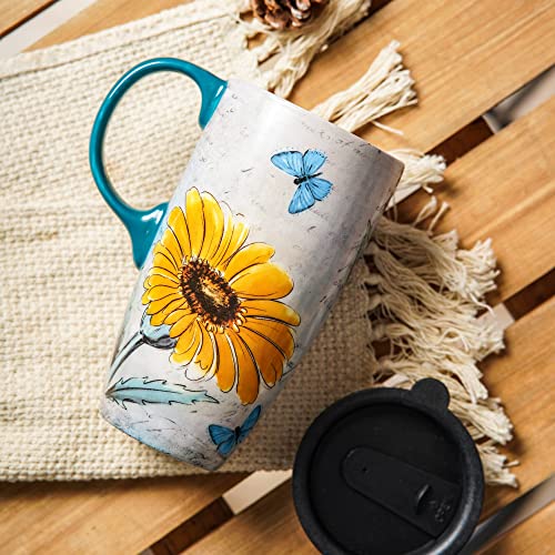 Topadorn Ceramic Travel Mug with Handle, Splash-Resistant Slider Lid, Suitable for Coffee and Tea, Microwave & Dishwasher Safe, 6.5" H Flowers and Butterflies Tea Mug