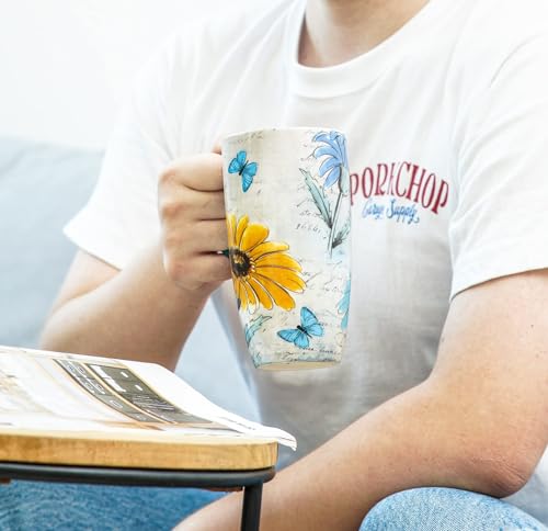 Topadorn Ceramic Travel Mug with Handle, Splash-Resistant Slider Lid, Suitable for Coffee and Tea, Microwave & Dishwasher Safe, 6.5" H Flowers and Butterflies Tea Mug