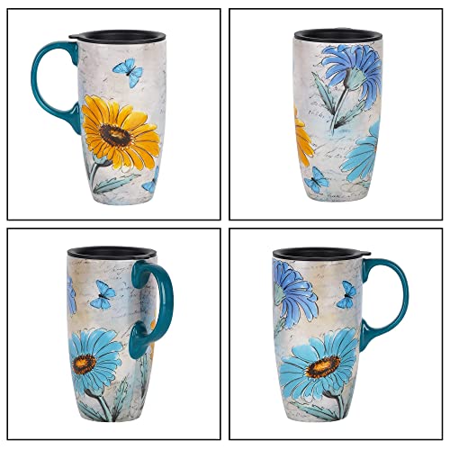 Topadorn Ceramic Travel Mug with Handle, Splash-Resistant Slider Lid, Suitable for Coffee and Tea, Microwave & Dishwasher Safe, 6.5" H Flowers and Butterflies Tea Mug