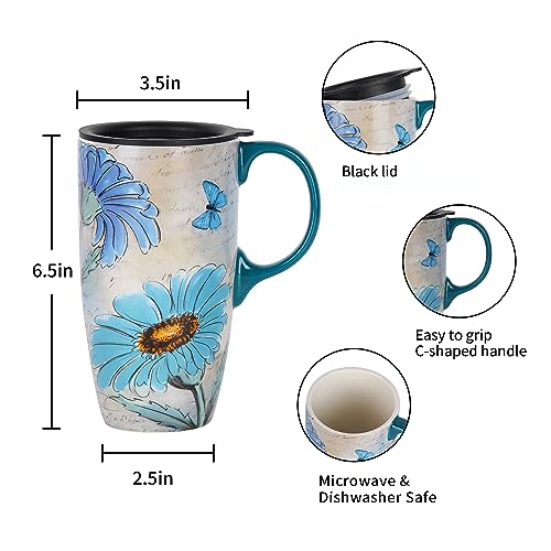 Topadorn Ceramic Travel Mug with Handle, Splash-Resistant Slider Lid, Suitable for Coffee and Tea, Microwave & Dishwasher Safe, 6.5" H Flowers and Butterflies Tea Mug