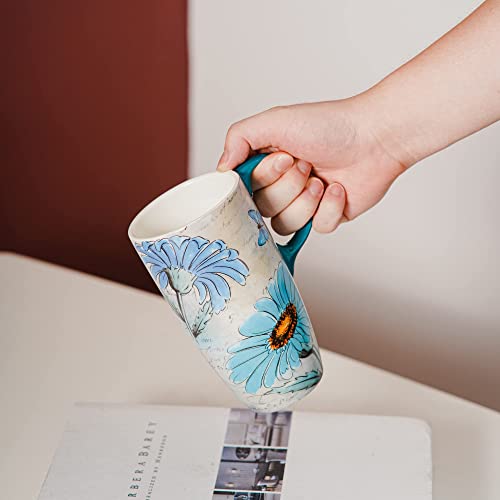 Topadorn Ceramic Travel Mug with Handle, Splash-Resistant Slider Lid, Suitable for Coffee and Tea, Microwave & Dishwasher Safe, 6.5" H Flowers and Butterflies Tea Mug