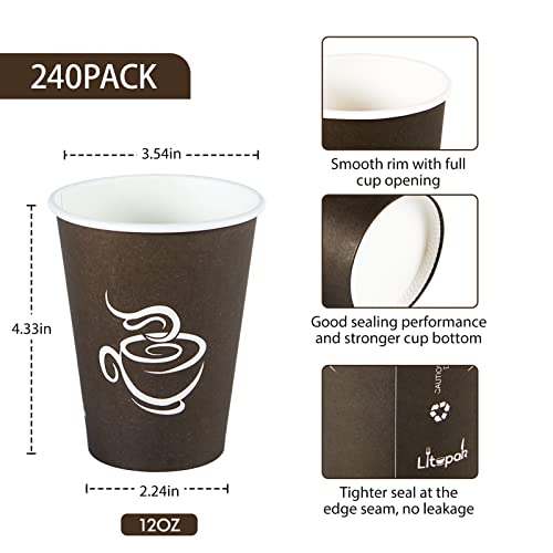 LITOPAK 240 Pack 12 oz Paper Cups, Disposable Coffee Cups, Paper Drinking Cups, Brown Disposable Cups, Paper Hot Coffee Cups, Paper Coffee Cups for Party, Picnic, Travel, and Events.