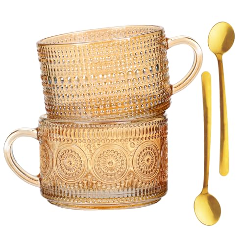 Moretoes 2 Pack Vintage Coffee Mugs, 14oz Glass Coffee Mugs, Overnight Oats Containers with Spoons, Amber Embossed Glass Tea Cups for Cappuccino, Latte, Cereal, Yogurt