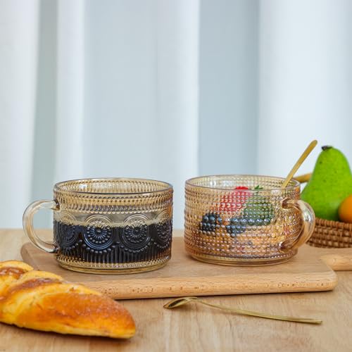 Moretoes 2 Pack Vintage Coffee Mugs, 14oz Glass Coffee Mugs, Overnight Oats Containers with Spoons, Amber Embossed Glass Tea Cups for Cappuccino, Latte, Cereal, Yogurt