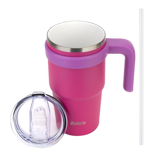 Zukro 20 oz Insulated Tumbler Ceramic Interior Coating, No Metallic Aftertaste, Vacuum Stainless Steel Double-walled Coffee Cup with Handle, Lid and Straw, BPA Free, No Sweat, Dishwasher Safe,Hot Pink