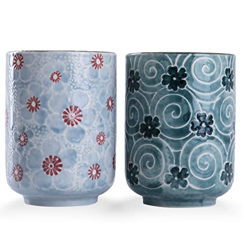 WHJY 10oz Transitional Chinese/Japanese style Handle-less Ceramic Tea cups teacup, Cherry Bloom and Geometric Pattern Set of 2