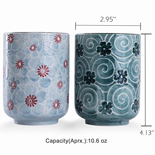 WHJY 10oz Transitional Chinese/Japanese style Handle-less Ceramic Tea cups teacup, Cherry Bloom and Geometric Pattern Set of 2