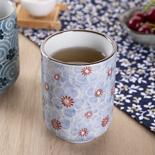 WHJY 10oz Transitional Chinese/Japanese style Handle-less Ceramic Tea cups teacup, Cherry Bloom and Geometric Pattern Set of 2