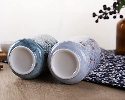 WHJY 10oz Transitional Chinese/Japanese style Handle-less Ceramic Tea cups teacup, Cherry Bloom and Geometric Pattern Set of 2