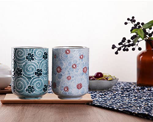 WHJY 10oz Transitional Chinese/Japanese style Handle-less Ceramic Tea cups teacup, Cherry Bloom and Geometric Pattern Set of 2