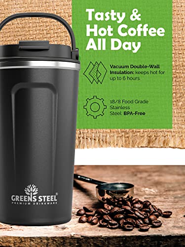 Reusable Coffee Cup with Lid and Handle - Stainless Steel Insulated Coffee Mug for Hot & Cold Drinks - Ideal Travel Mugs - 100% Leak-Proof Tumbler - 16 oz Black
