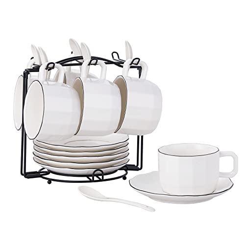 CHILDIKE Cappuccino Cups and Stand Set of 6, 7 oz Porcelain Coffee Cups with Saucers for Specialty Coffee Drinks, Latte, Americano and Tea, White with Black Trim