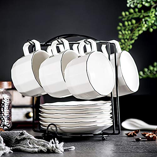 CHILDIKE Cappuccino Cups and Stand Set of 6, 7 oz Porcelain Coffee Cups with Saucers for Specialty Coffee Drinks, Latte, Americano and Tea, White with Black Trim
