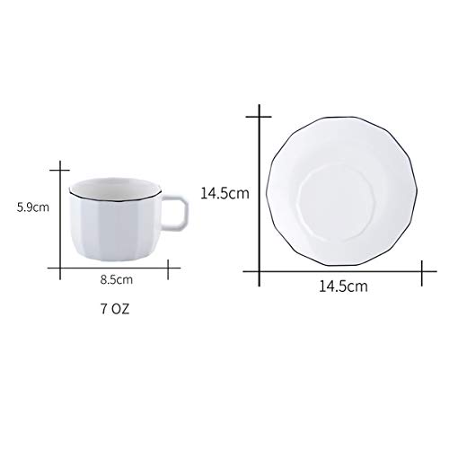 CHILDIKE Cappuccino Cups and Stand Set of 6, 7 oz Porcelain Coffee Cups with Saucers for Specialty Coffee Drinks, Latte, Americano and Tea, White with Black Trim