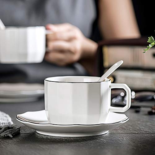 CHILDIKE Cappuccino Cups and Stand Set of 6, 7 oz Porcelain Coffee Cups with Saucers for Specialty Coffee Drinks, Latte, Americano and Tea, White with Black Trim