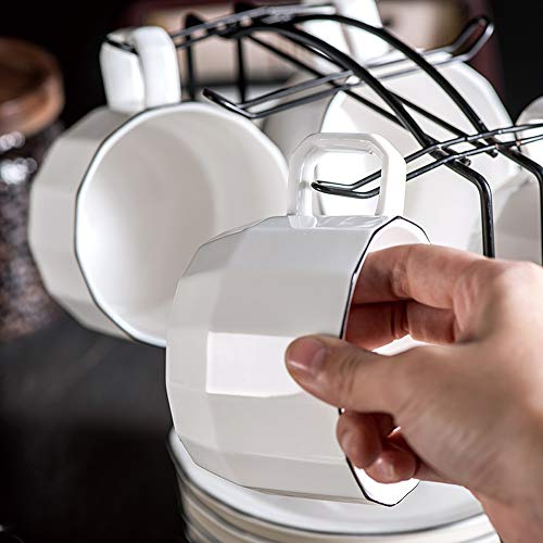 CHILDIKE Cappuccino Cups and Stand Set of 6, 7 oz Porcelain Coffee Cups with Saucers for Specialty Coffee Drinks, Latte, Americano and Tea, White with Black Trim