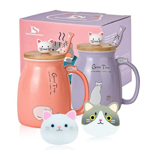 SHENDONG 2 Pack Cat Mugs Cute Ceramic Coffee Cups Set of 2 with Kawaii Bamboo Lid and Spoon Novelty Morning Cup Coffee Milk Tea Mugs - 3d Animal Cat Mugs for Cat Lovers Women Gifts (Red and purple)