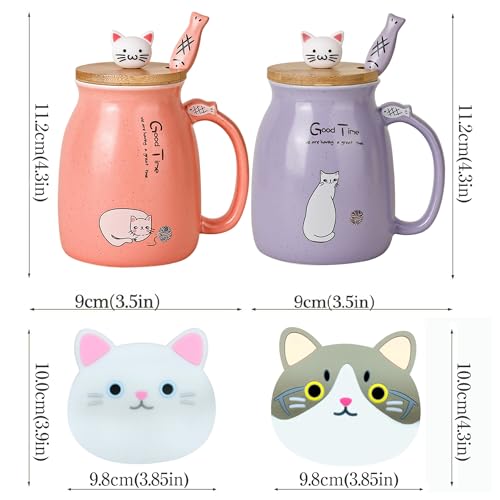 SHENDONG 2 Pack Cat Mugs Cute Ceramic Coffee Cups Set of 2 with Kawaii Bamboo Lid and Spoon Novelty Morning Cup Coffee Milk Tea Mugs - 3d Animal Cat Mugs for Cat Lovers Women Gifts (Red and purple)